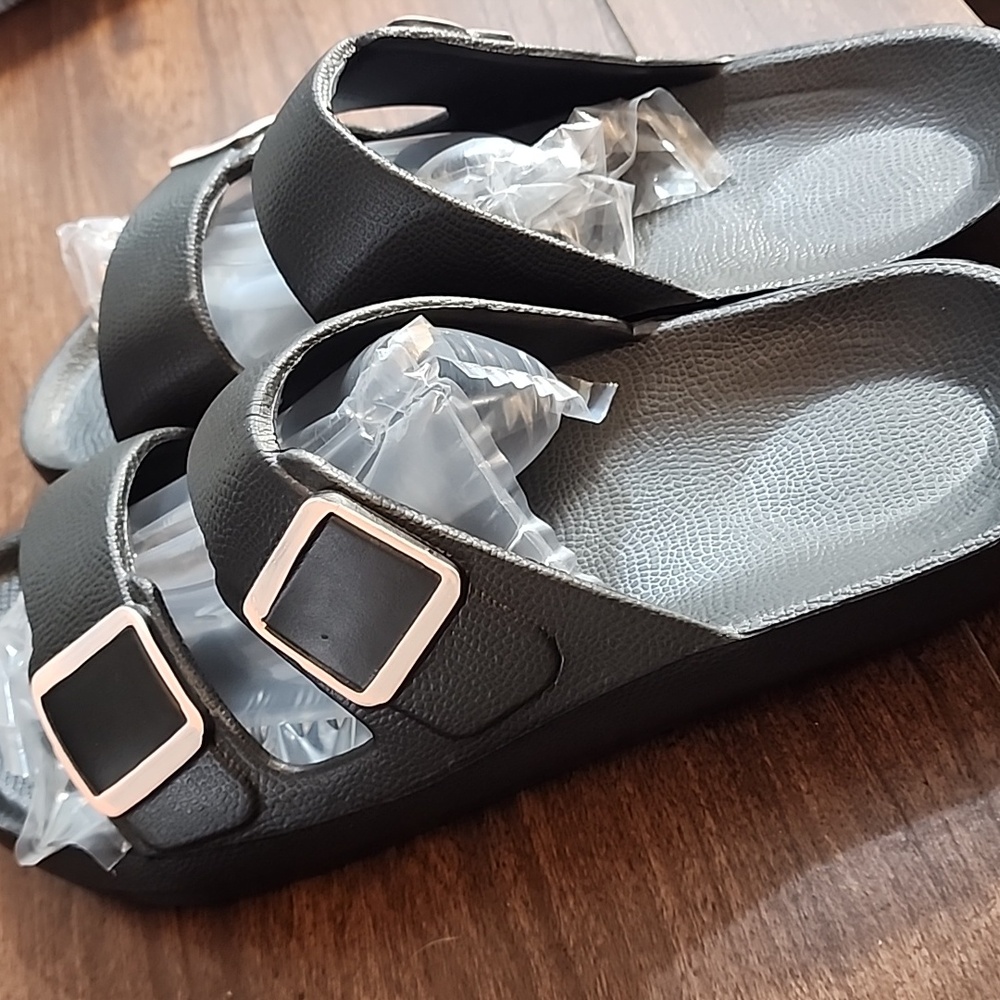 FIRM PRICE Double buckle EVA Slide Sandals Stylish Black Women's Slip-on